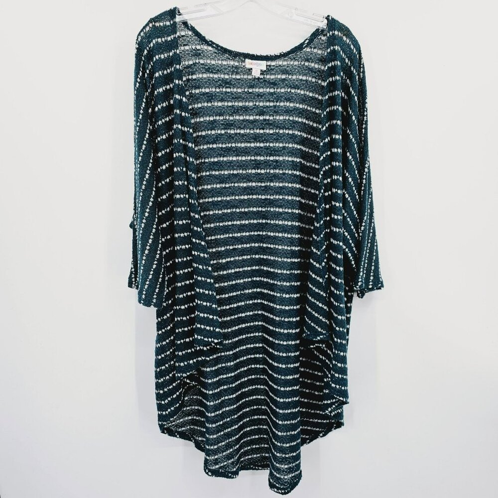 LuLaRoe Lindsay Kimono Cardigan Sweater M Teal Green White Striped Dolman Open